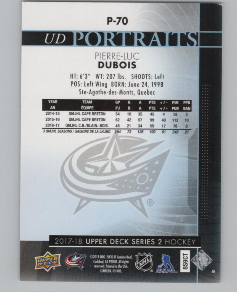 2017-18 Upper Deck UD Portraits #P70 Pierre-Luc Dubois V98887 Image 2
