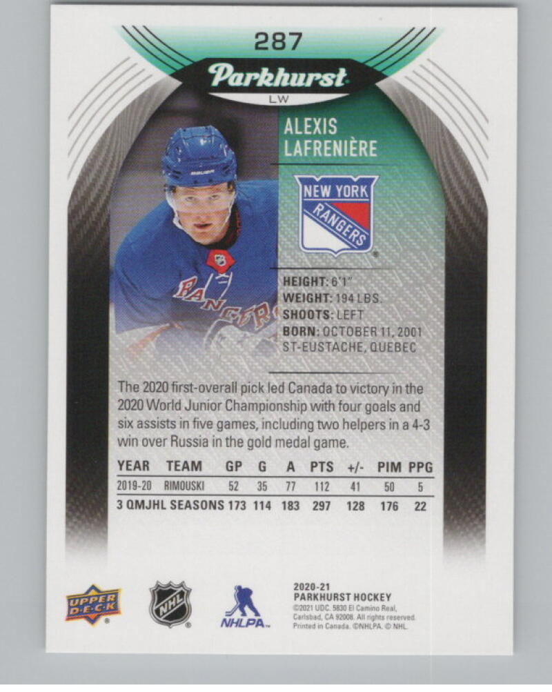 2020-21 Upper Deck Parkhurst #287 Alexis Lafreniere RC Rookie V98890 Image 2