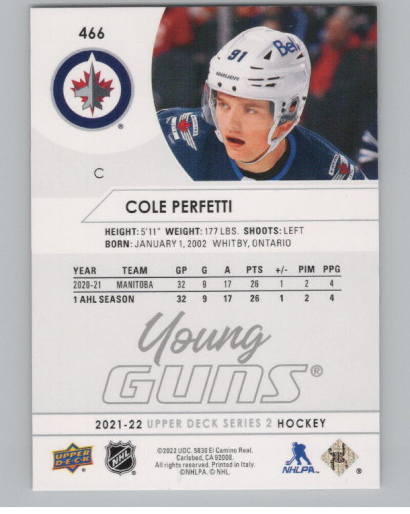 2021-22 Upper Deck #466 Cole Perfetti Young Guns Rookie RC V98893 Image 2
