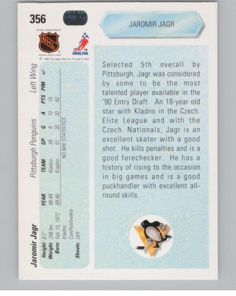 1990-91 Upper Deck #356 Jaromir Jagr Rookie RC V98911 Image 2