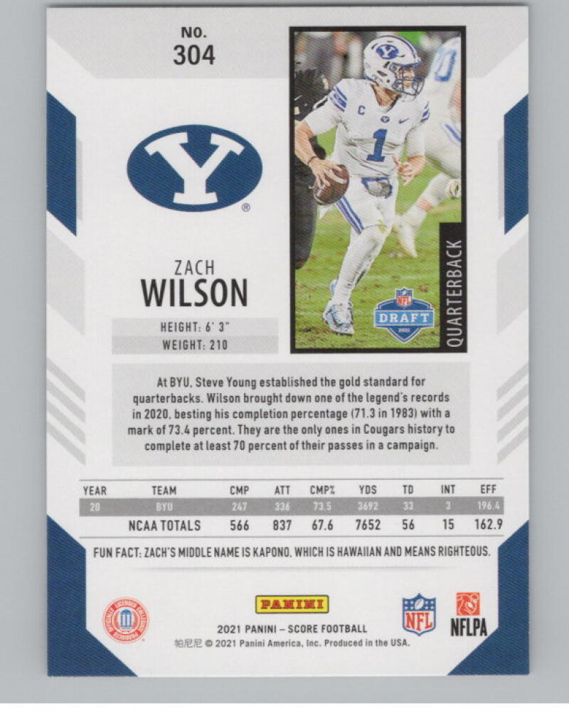 2021 Score #304 Zach Wilson RC Rookie Football V98966 Image 2