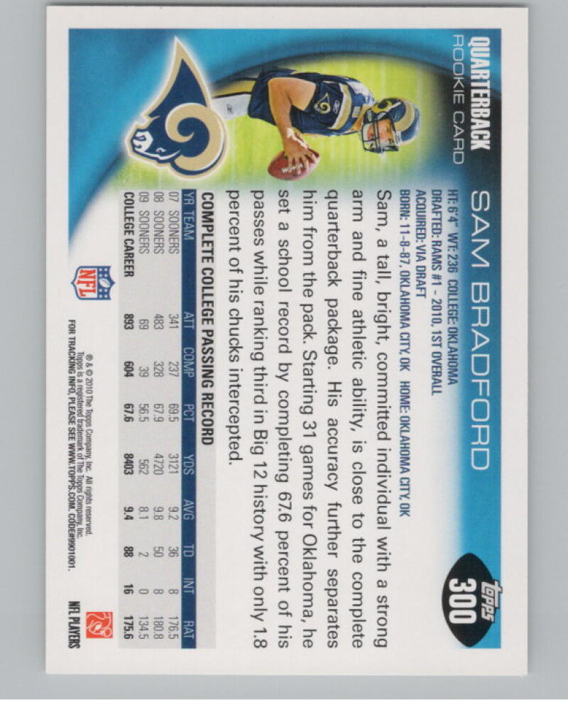 2010 Topps #300 Sam Bradford FS/Rolling out pose RC Rookie Football V98967 Image 2