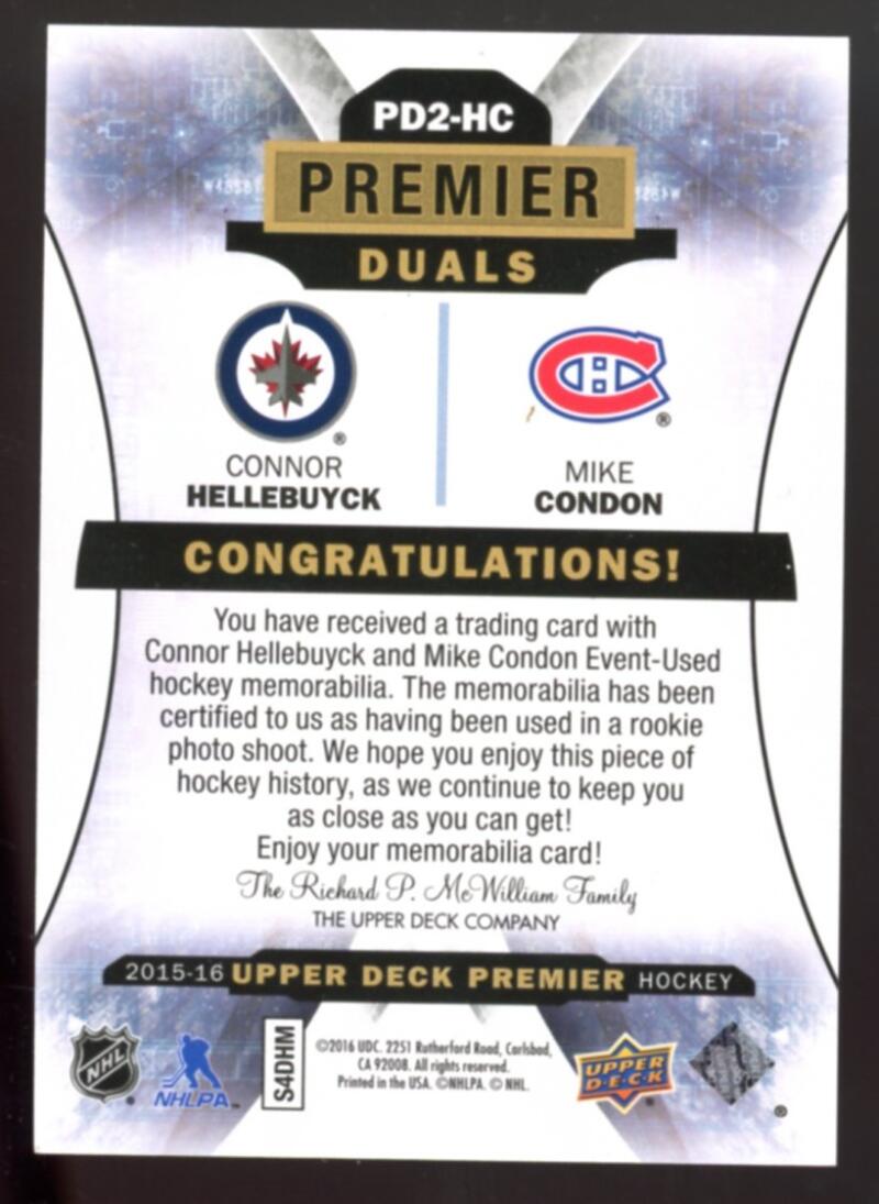 2015-16 Upper Deck Premier Duals Jerseys 17/149 Hellebuyck/Condon V98969 Image 2