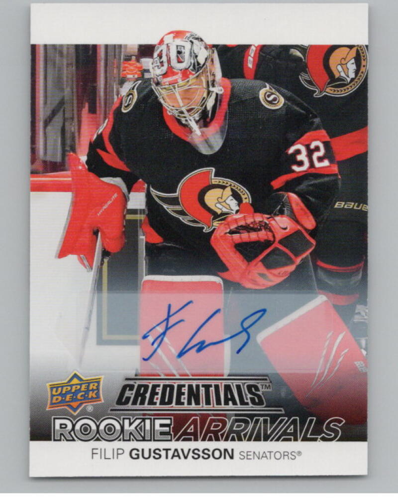 2021-22 UD Credentials Rookie Arrivals Autographs Filip Gustavsson RC V98972 Image 1
