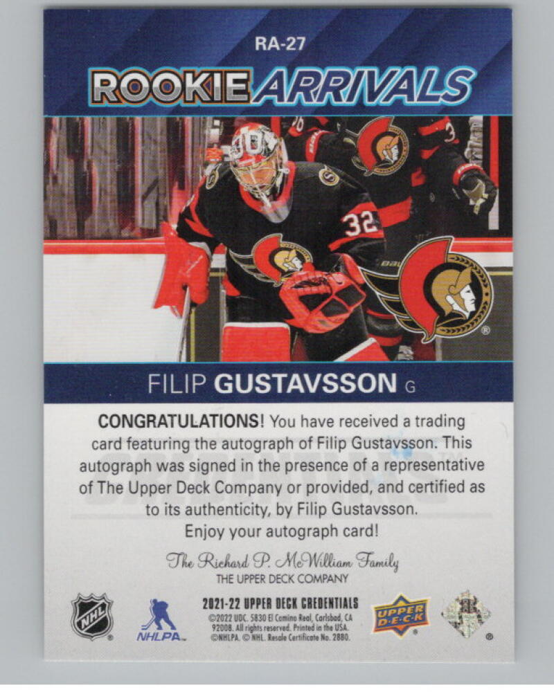 2021-22 UD Credentials Rookie Arrivals Autographs Filip Gustavsson RC V98972 Image 2