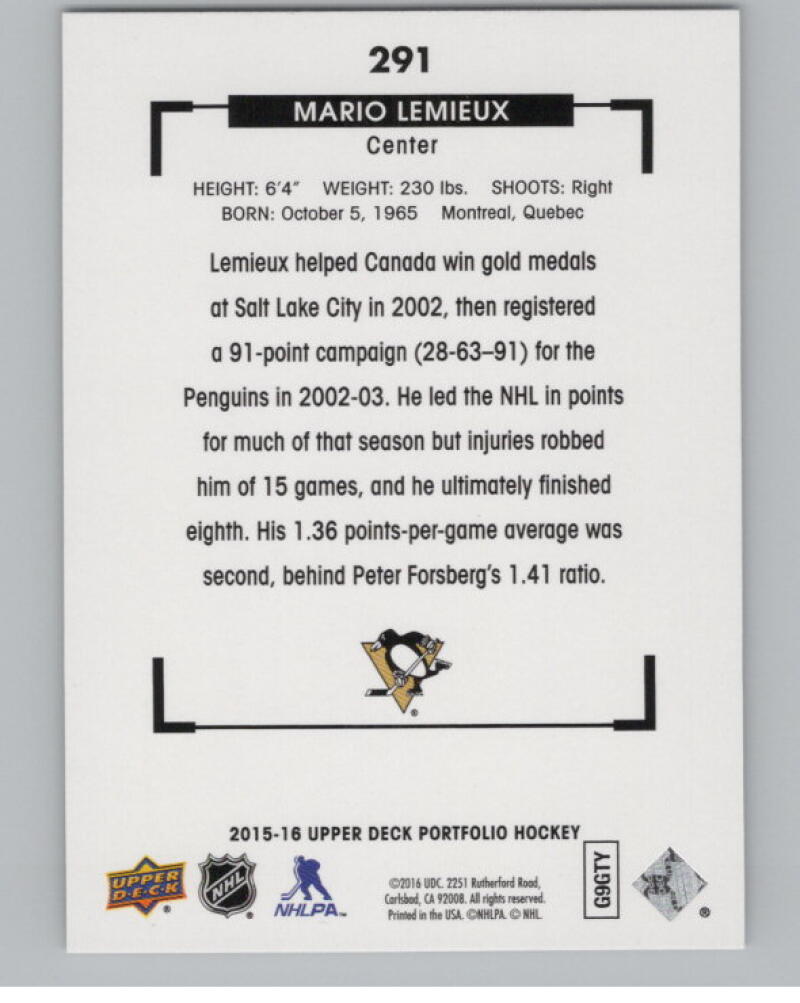 2015-16 Upper Deck Portfolio #291 Mario Lemieux Black and White V98974 Image 2