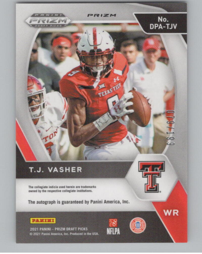 2021 Panini Prizm Draft Picks Autographs Prizms Red 79/199 T.J. Vasher V98995 Image 2