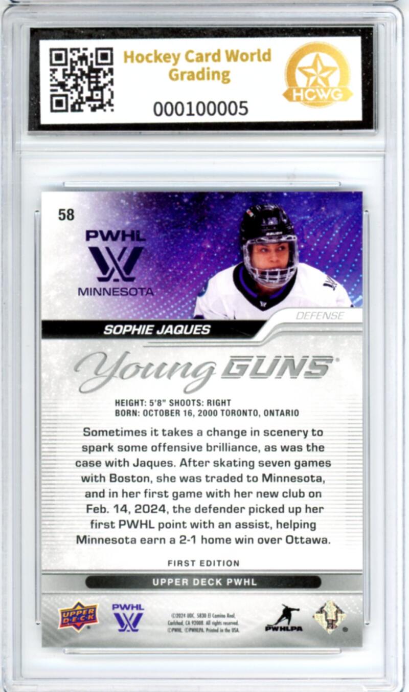 2024-25 Upper Deck PWHL #58 Sophie Jaques Young Guns RC Rookie - Graded HCWG 9 Image 2