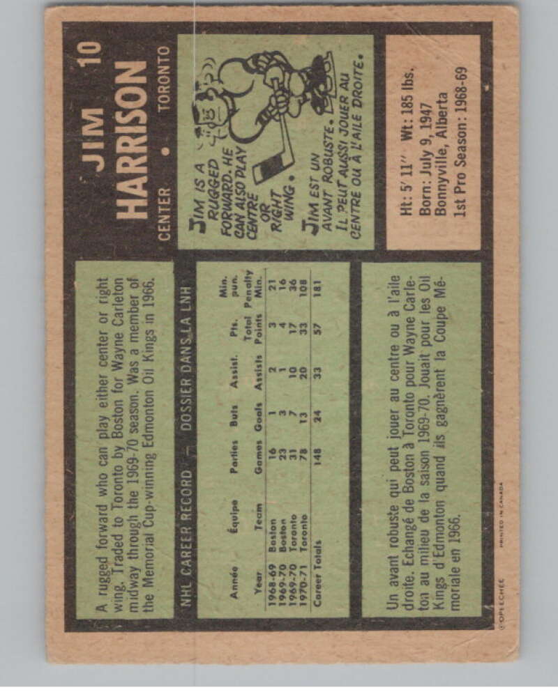 1971-72 O-Pee-Chee #10 Jim Harrison Toronto Maple Leafs V99013 Image 2