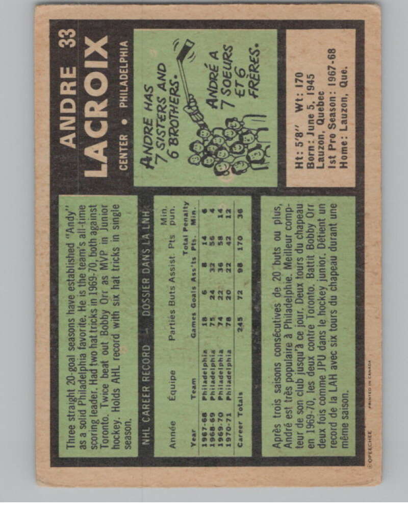 1971-72 O-Pee-Chee #33 Andre Lacroix Philadelphia Flyers V99017 Image 2
