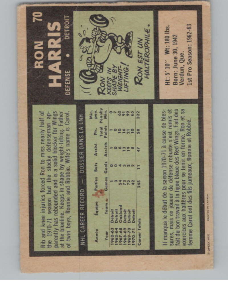 1971-72 O-Pee-Chee #70 Ron Harris Detroit Red Wings V99021 Image 2
