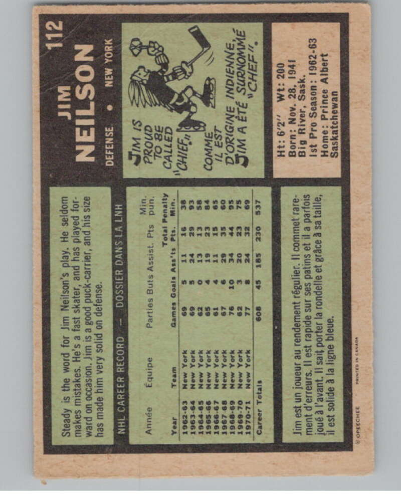 1971-72 O-Pee-Chee #112 Jim Neilson New York Rangers V99025 Image 2