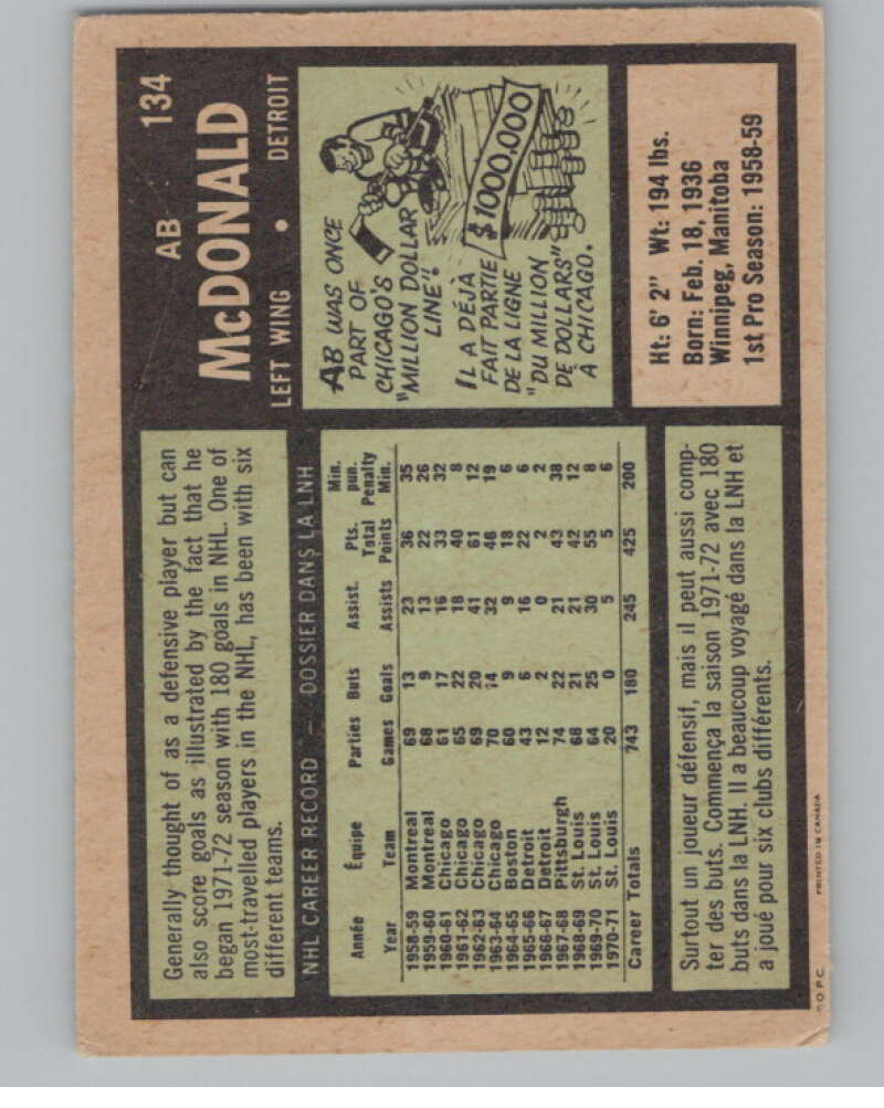 1971-72 O-Pee-Chee #134 Ab McDonald Detroit Red Wings V99027 Image 2