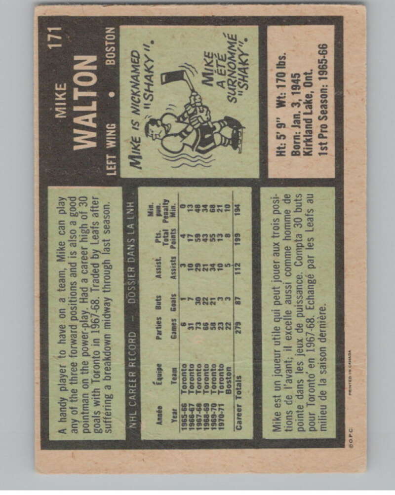 1971-72 O-Pee-Chee #171 Mike Walton Boston Bruins V99032 Image 2