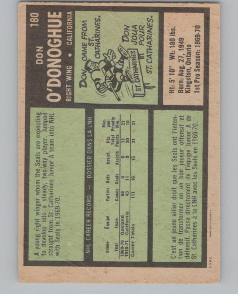 1971-72 O-Pee-Chee #180 Don O'Donoghue RC Rookie Golden Seals V99035 Image 2