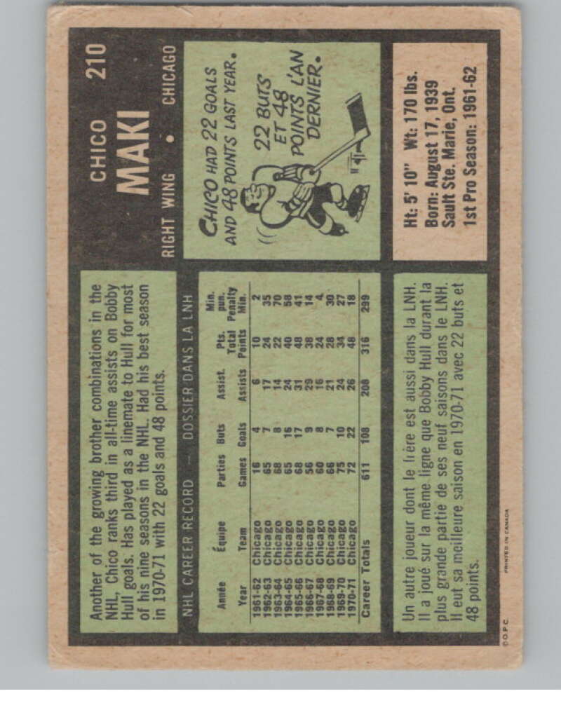 1971-72 O-Pee-Chee #210 Chico Maki Chicago Blackhawks V99044 Image 2