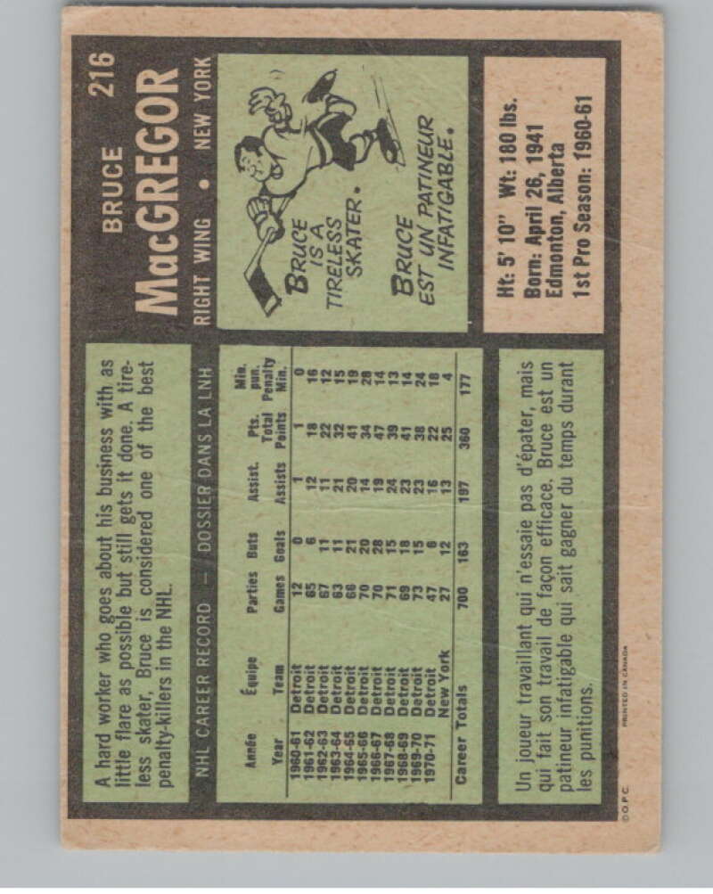1971-72 O-Pee-Chee #216 Bruce MacGregor New York Rangers V99049 Image 2