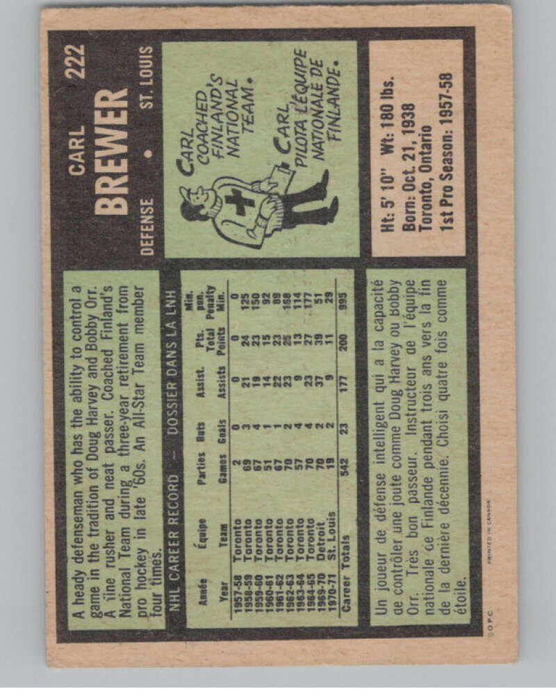 1971-72 O-Pee-Chee #222 Carl Brewer St. Louis Blues V99053 Image 2