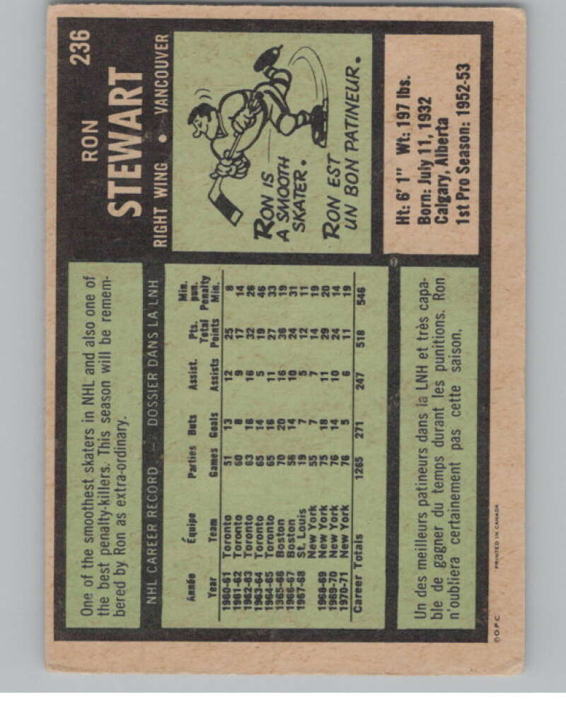 1971-72 O-Pee-Chee #236 Ron Stewart Vancouver Canucks V99057 Image 2