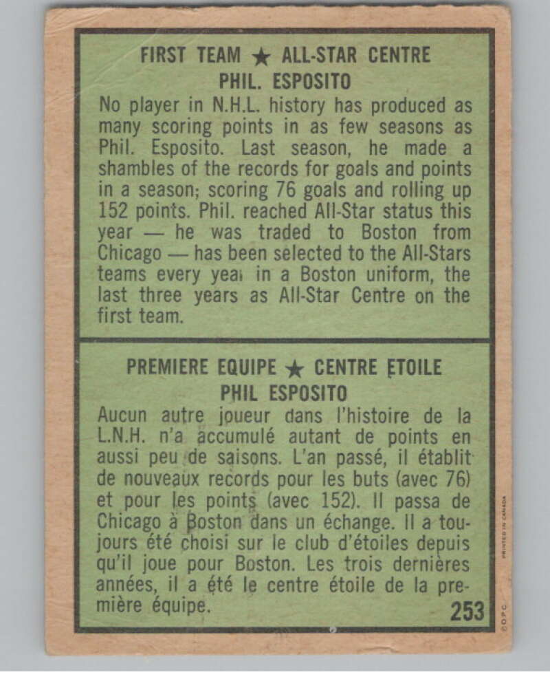 1971-72 O-Pee-Chee #253 Phil Esposito UER AS Boston Bruins V99060 Image 2