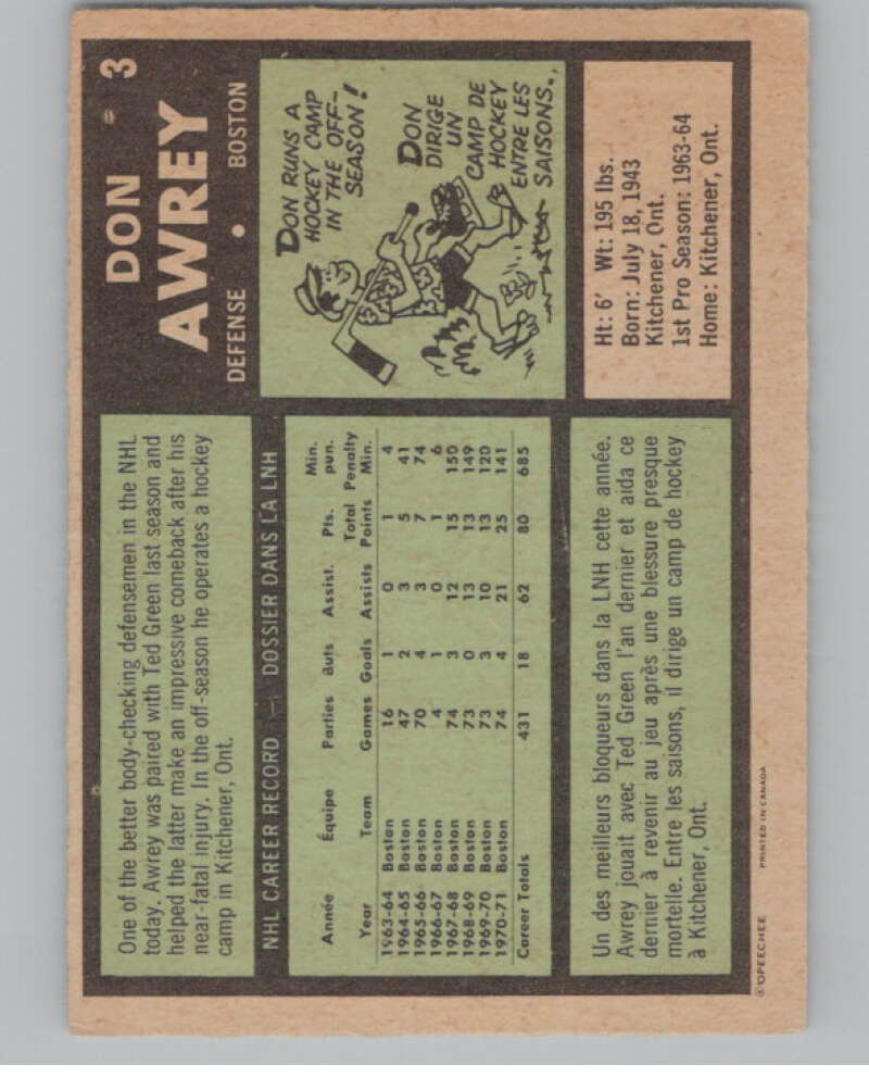 1971-72 O-Pee-Chee #3 Don Awrey Boston Bruins V99066 Image 2
