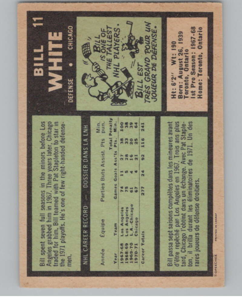 1971-72 O-Pee-Chee #11 Bill White Chicago Blackhawks V99071 Image 2