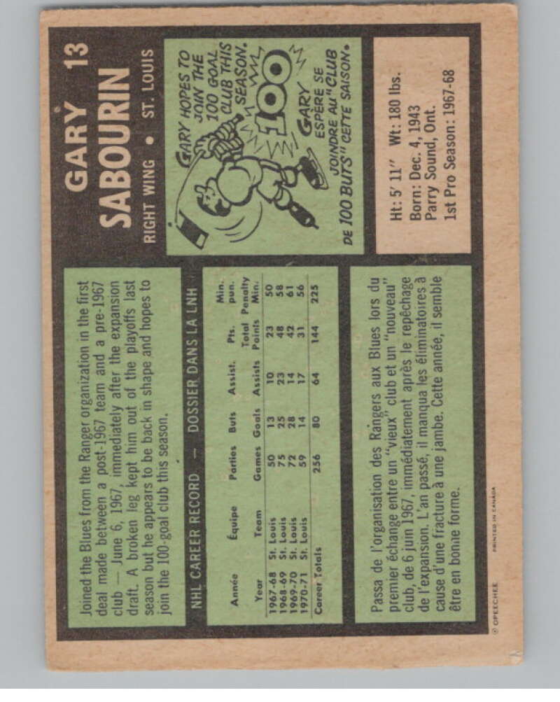 1971-72 O-Pee-Chee #13 Gary Sabourin St. Louis Blues V99073 Image 2
