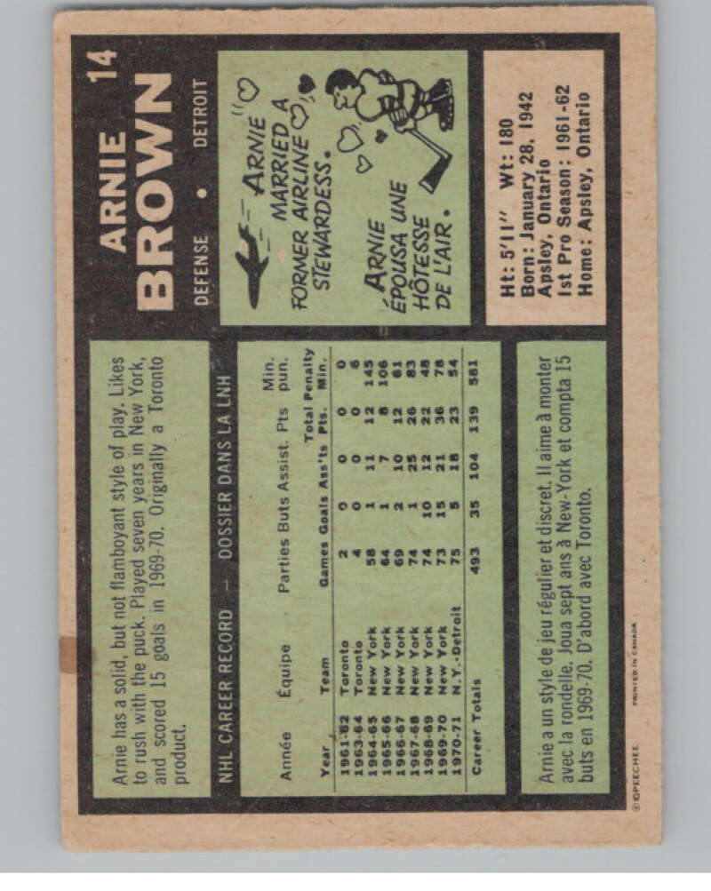 1971-72 O-Pee-Chee #14 Arnie Brown Detroit Red Wings V99074 Image 2
