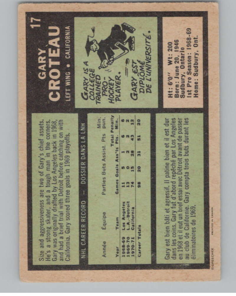 1971-72 O-Pee-Chee #17 Gary Croteau California Golden Seals V99076 Image 2
