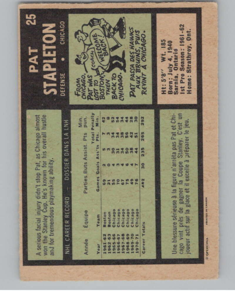 1971-72 O-Pee-Chee #25 Pat Stapleton Chicago Blackhawks V99083 Image 2