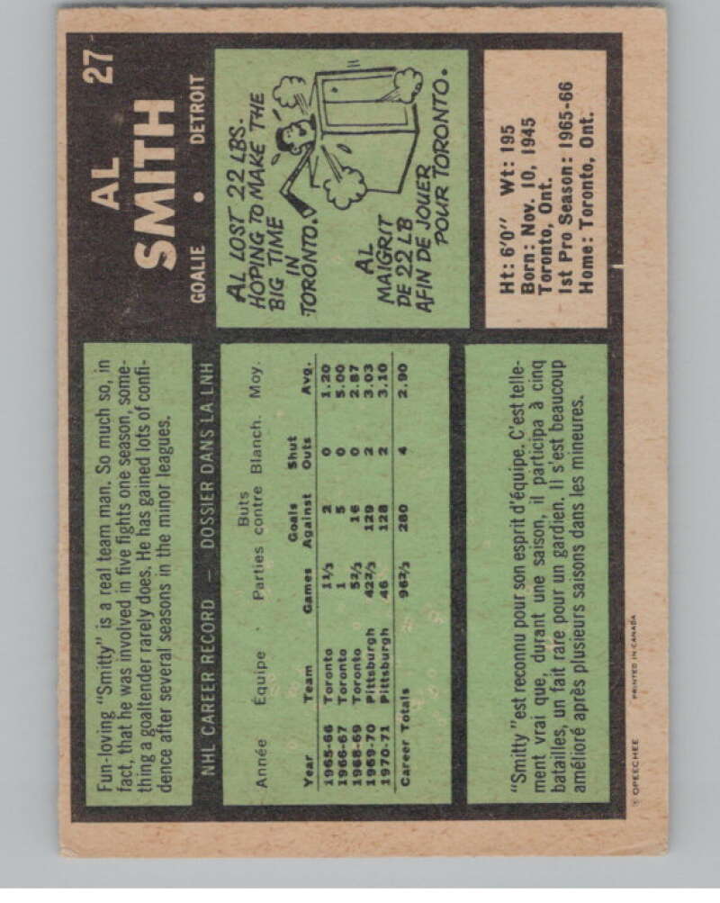1971-72 O-Pee-Chee #27 Al Smith Detroit Red Wings V99084 Image 2