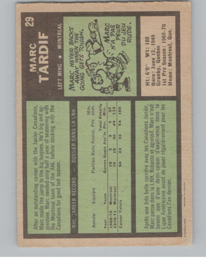 1971-72 O-Pee-Chee #29 Marc Tardif Montreal Canadiens V99085 Image 2