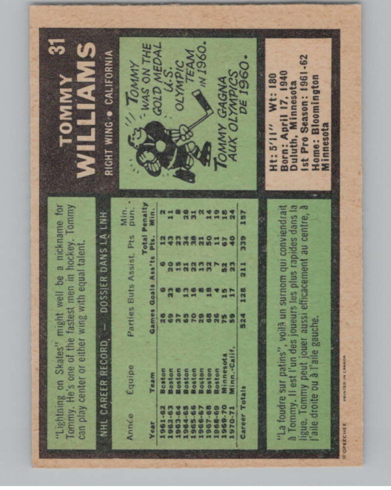 1971-72 O-Pee-Chee #31 Tom Williams California Golden Seals V99086 Image 2
