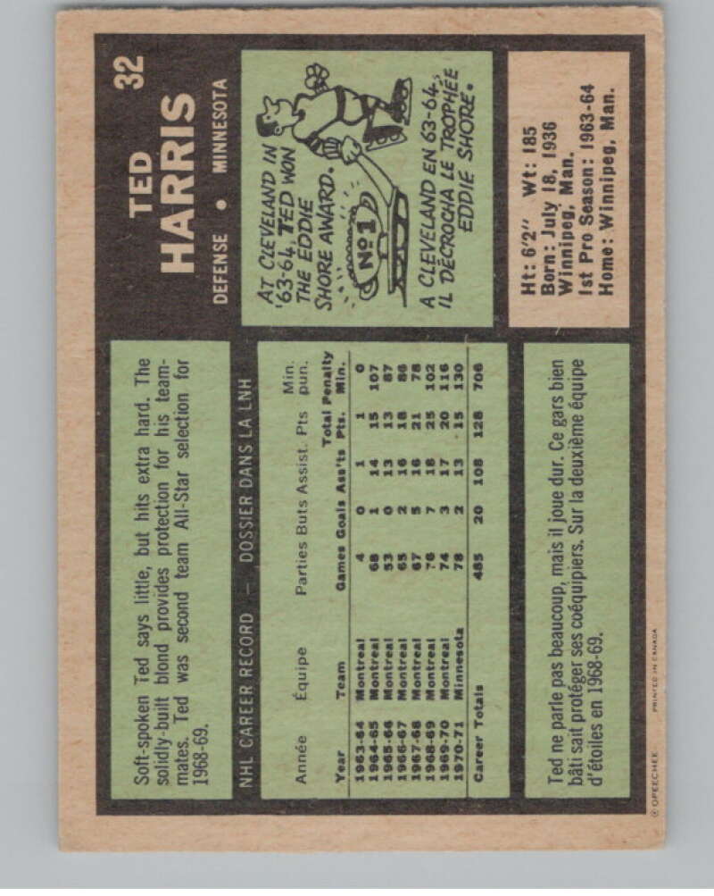 1971-72 O-Pee-Chee #32 Ted Harris North Stars V99087 Image 2