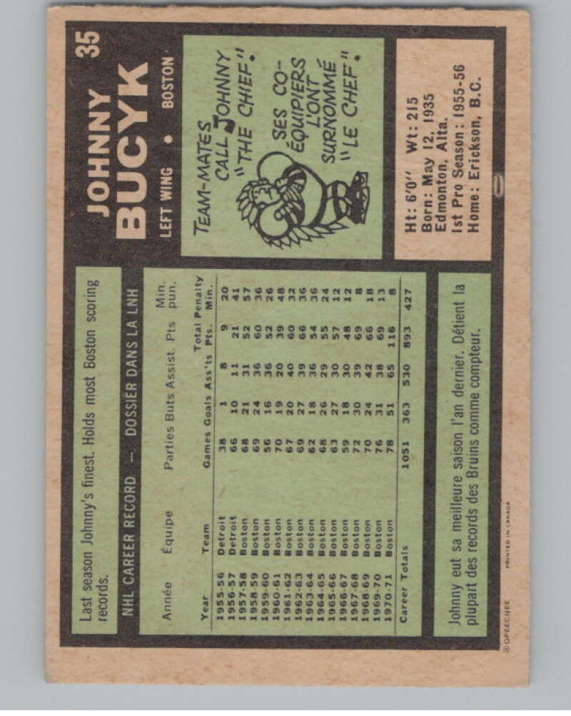 1971-72 O-Pee-Chee #35 Johnny Bucyk Boston Bruins V99089 Image 2