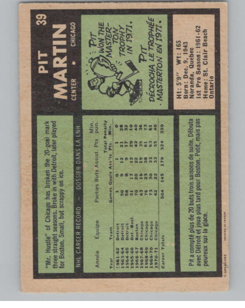 1971-72 O-Pee-Chee #39 Pit Martin Chicago Blackhawks V99091 Image 2