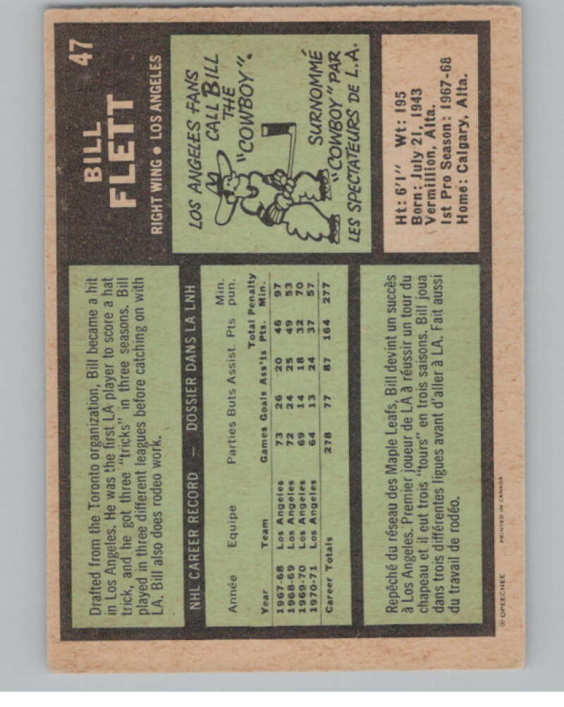 1971-72 O-Pee-Chee #47 Bill Flett Los Angeles Kings V99095 Image 2