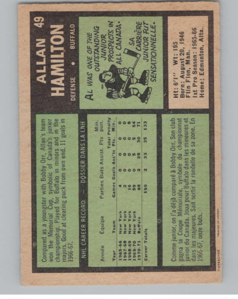 1971-72 O-Pee-Chee #49 Al Hamilton Buffalo Sabres V99097 Image 2