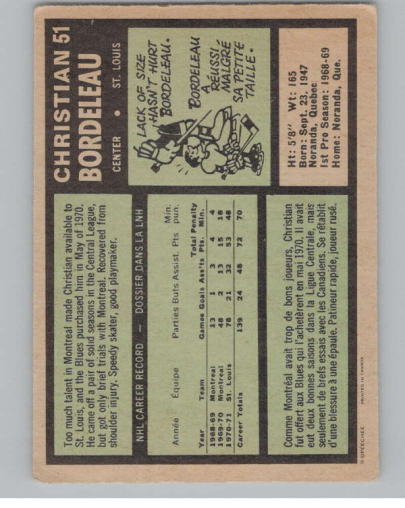 1971-72 O-Pee-Chee #51 Chris Bordeleau RC Rookie St. Louis Blues V99098 Image 2