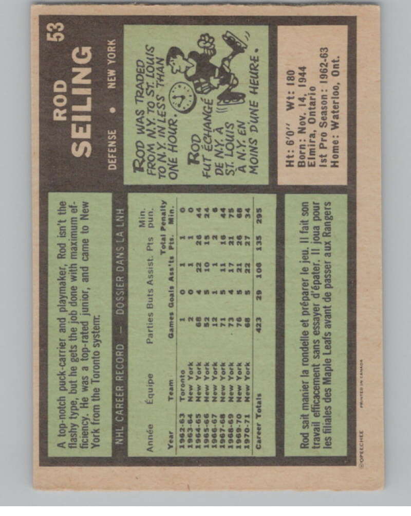 1971-72 O-Pee-Chee #53 Rod Seiling New York Rangers V99099 Image 2