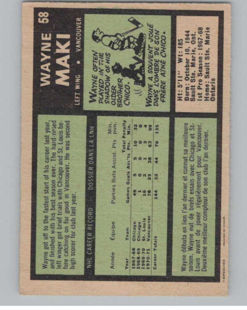 1971-72 O-Pee-Chee #58 Wayne Maki Vancouver Canucks V99101 Image 2