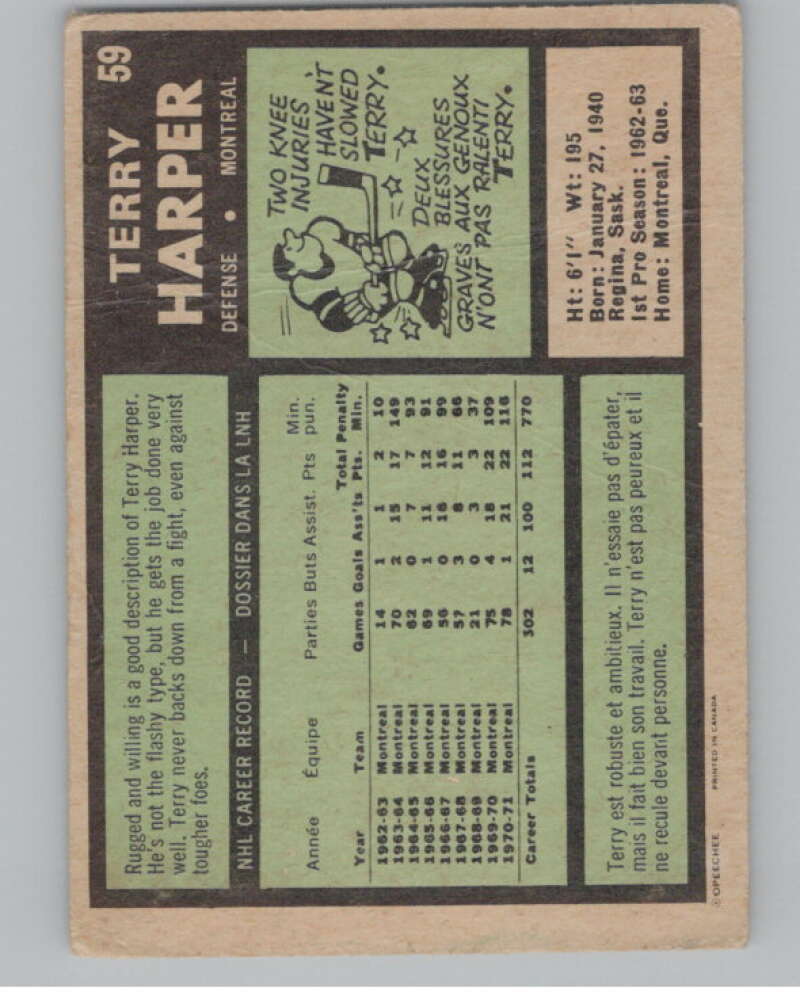 1971-72 O-Pee-Chee #59 Terry Harper Montreal Canadiens V99102 Image 2