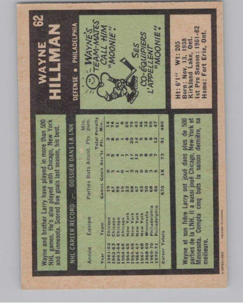 1971-72 O-Pee-Chee #62 Wayne Hillman Philadelphia Flyers V99105 Image 2
