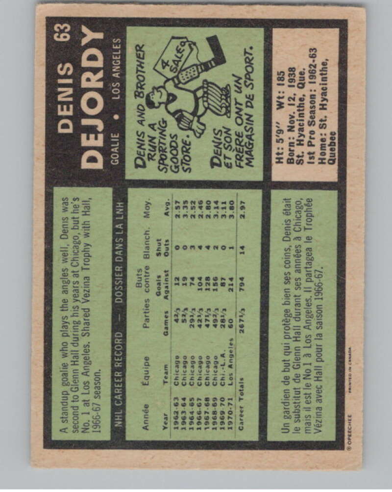 1971-72 O-Pee-Chee #63 Denis DeJordy Los Angeles Kings V99106 Image 2