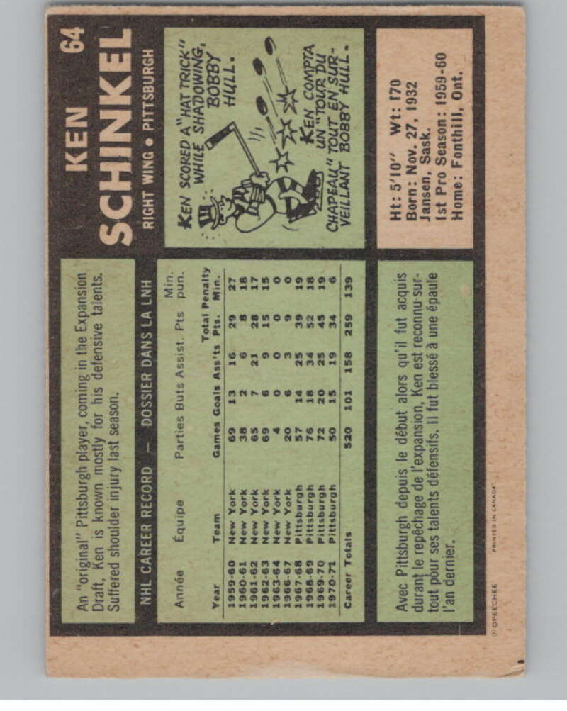1971-72 O-Pee-Chee #64 Ken Schinkel Pittsburgh Penguins V99107 Image 2
