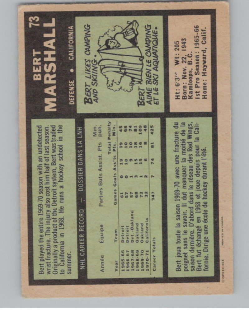 1971-72 O-Pee-Chee #73 Bert Marshall California Golden Seals V99111 Image 2