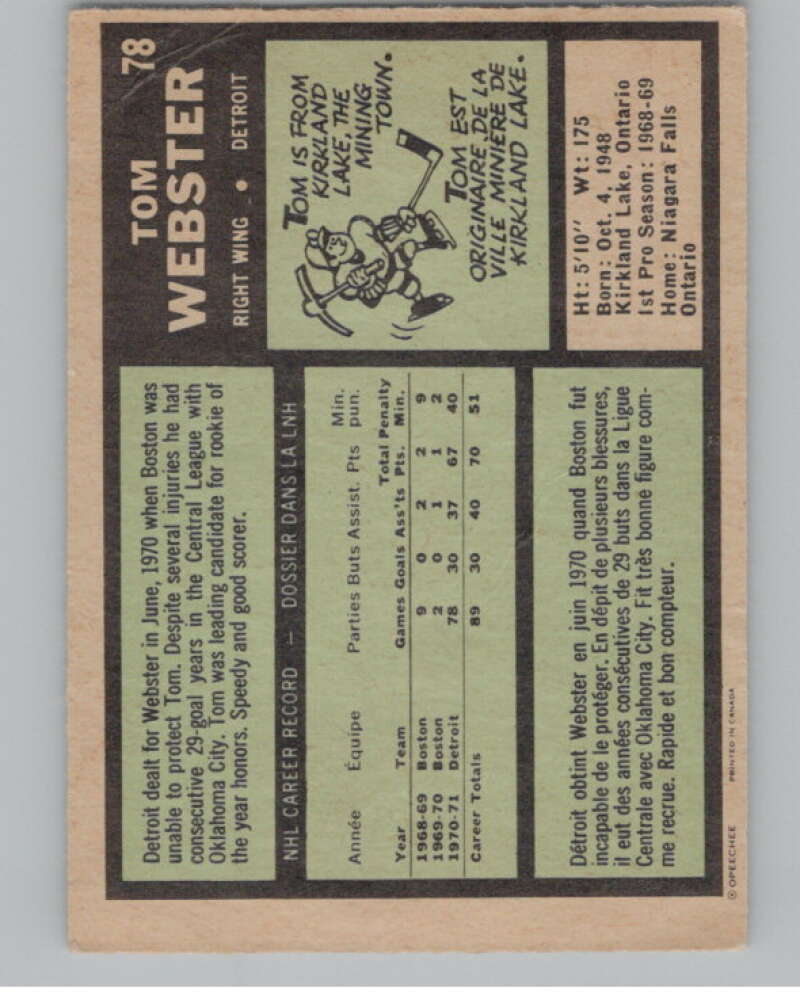 1971-72 O-Pee-Chee #78 Tom Webster Detroit Red Wings V99115 Image 2