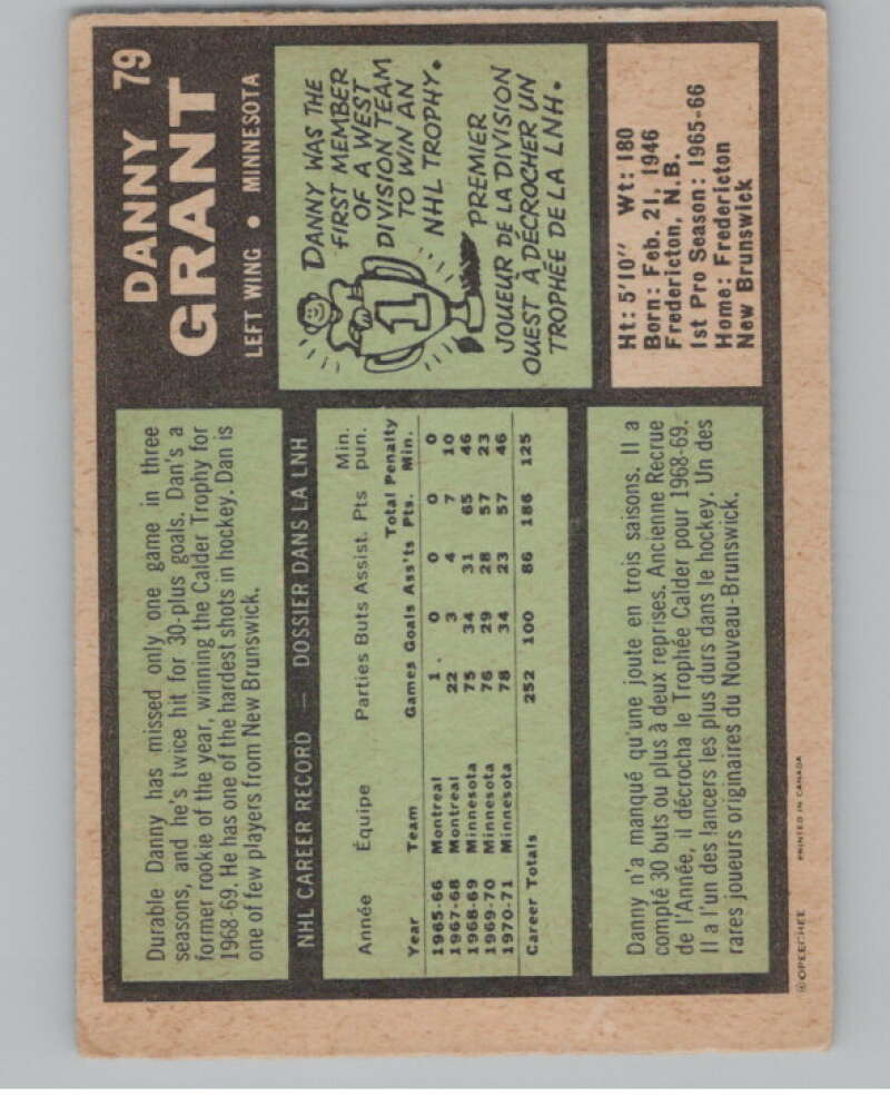 1971-72 O-Pee-Chee #79 Danny Grant Minnesota North Stars V99116 Image 2