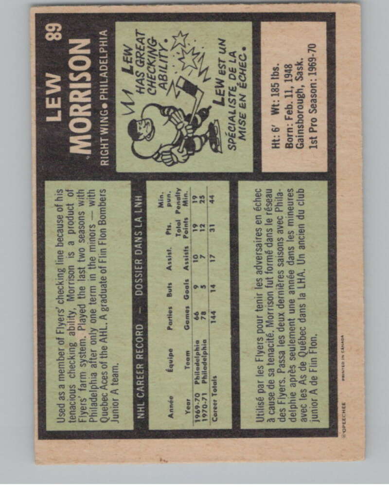 1971-72 O-Pee-Chee #89 Lew Morrison Philadelphia Flyers V99122 Image 2