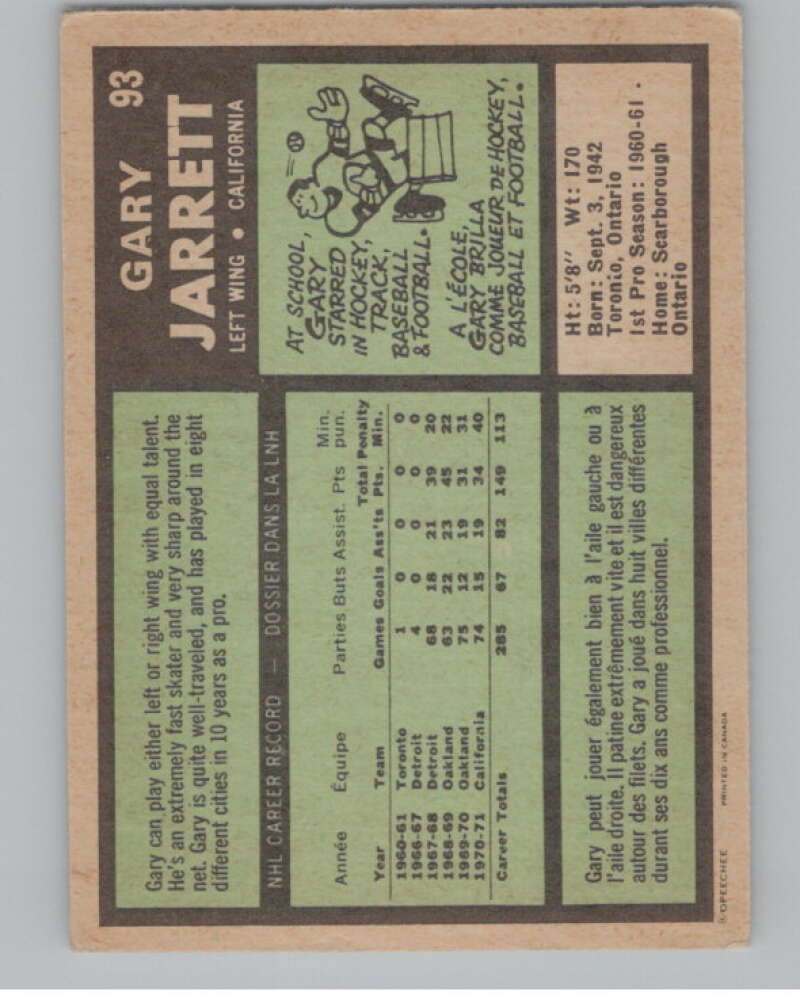 1971-72 O-Pee-Chee #93 Gary Jarrett California Golden Seals V99125 Image 2